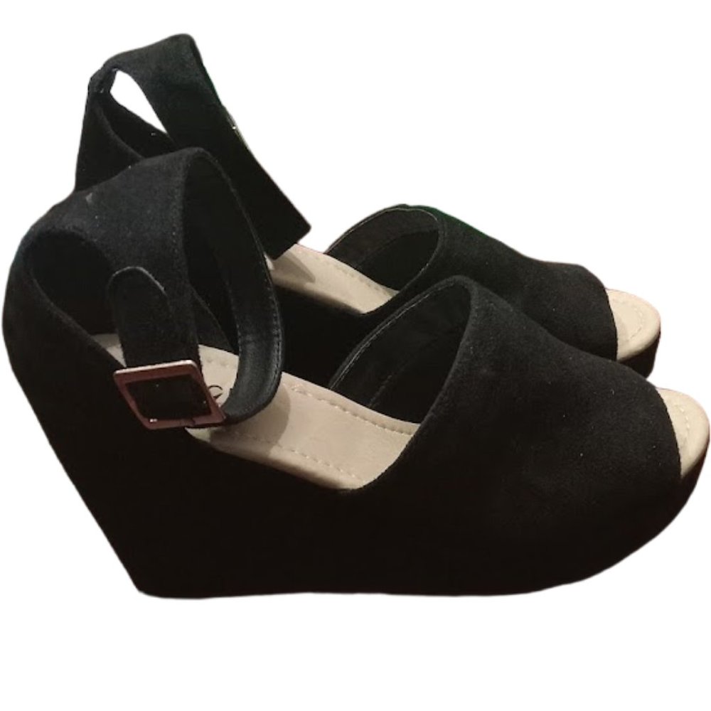Rouge Helium | Black Suede Platform Wedge Sandal Heels | Size: 10
